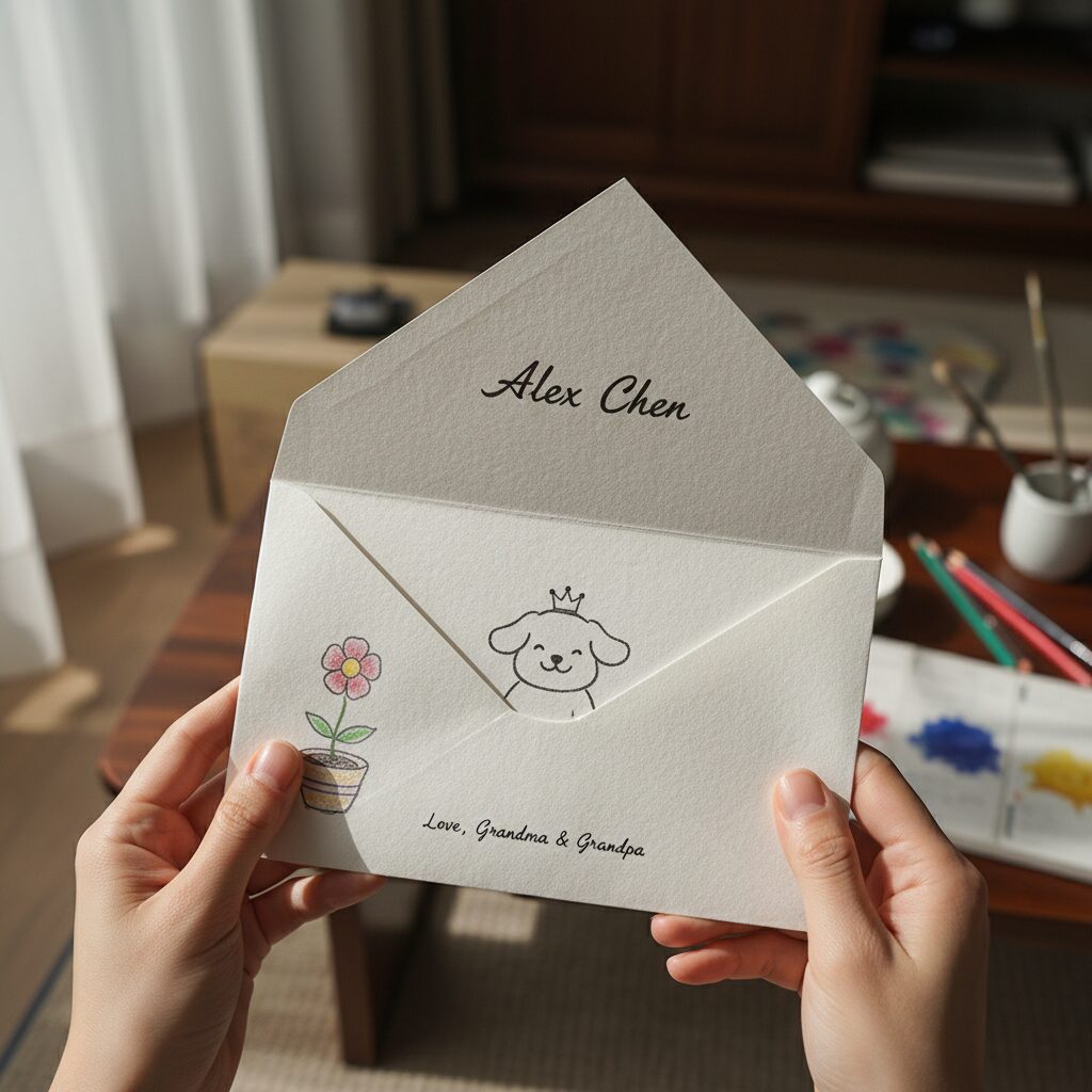 용돈 봉투 뒷면과 속지에 이름과 작은 그림을 그린 모습