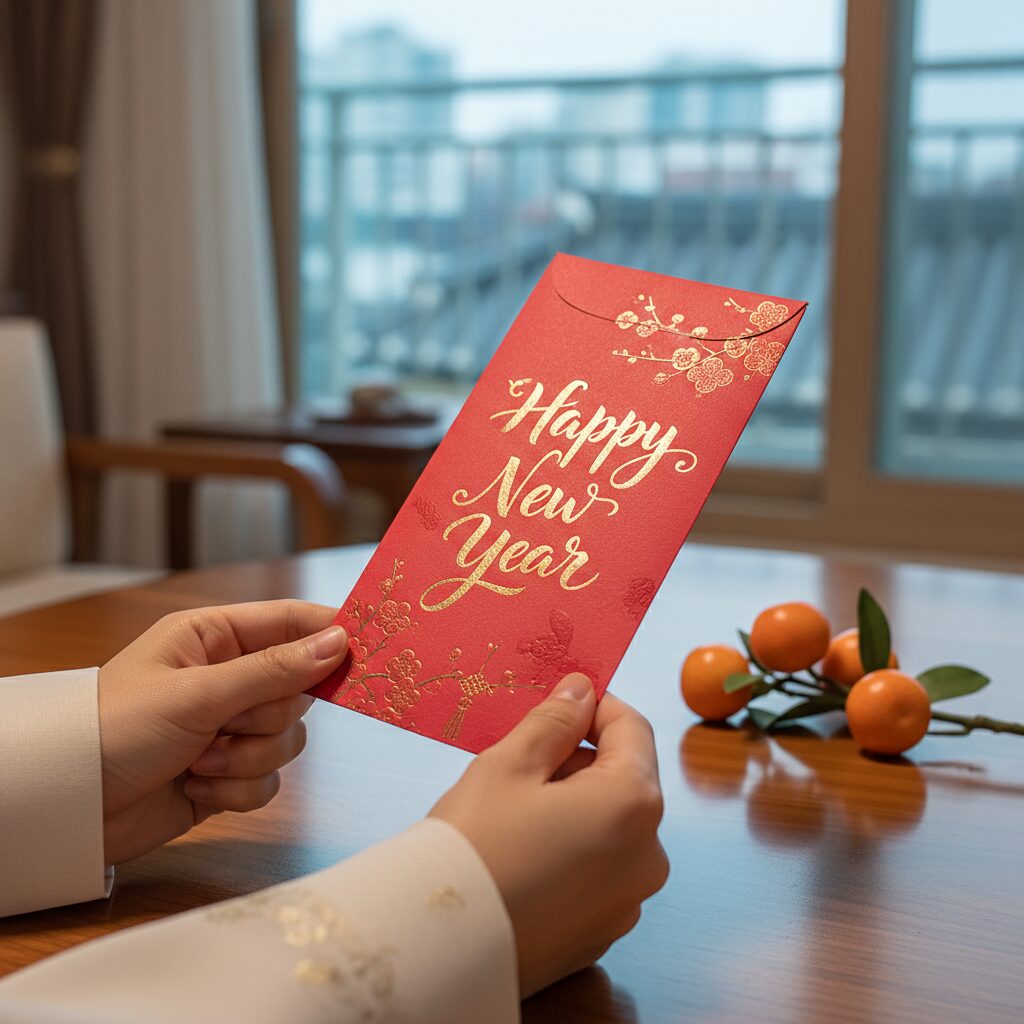 설날 용돈 봉투 앞면에 새해 인사말을 쓴 모습