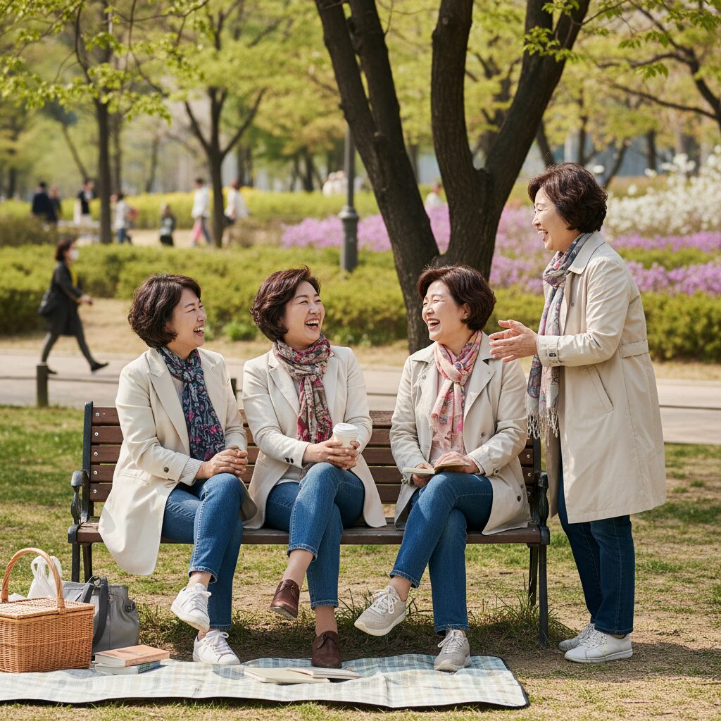 공원에서 함께 웃으며 이야기하는 중년 여성들