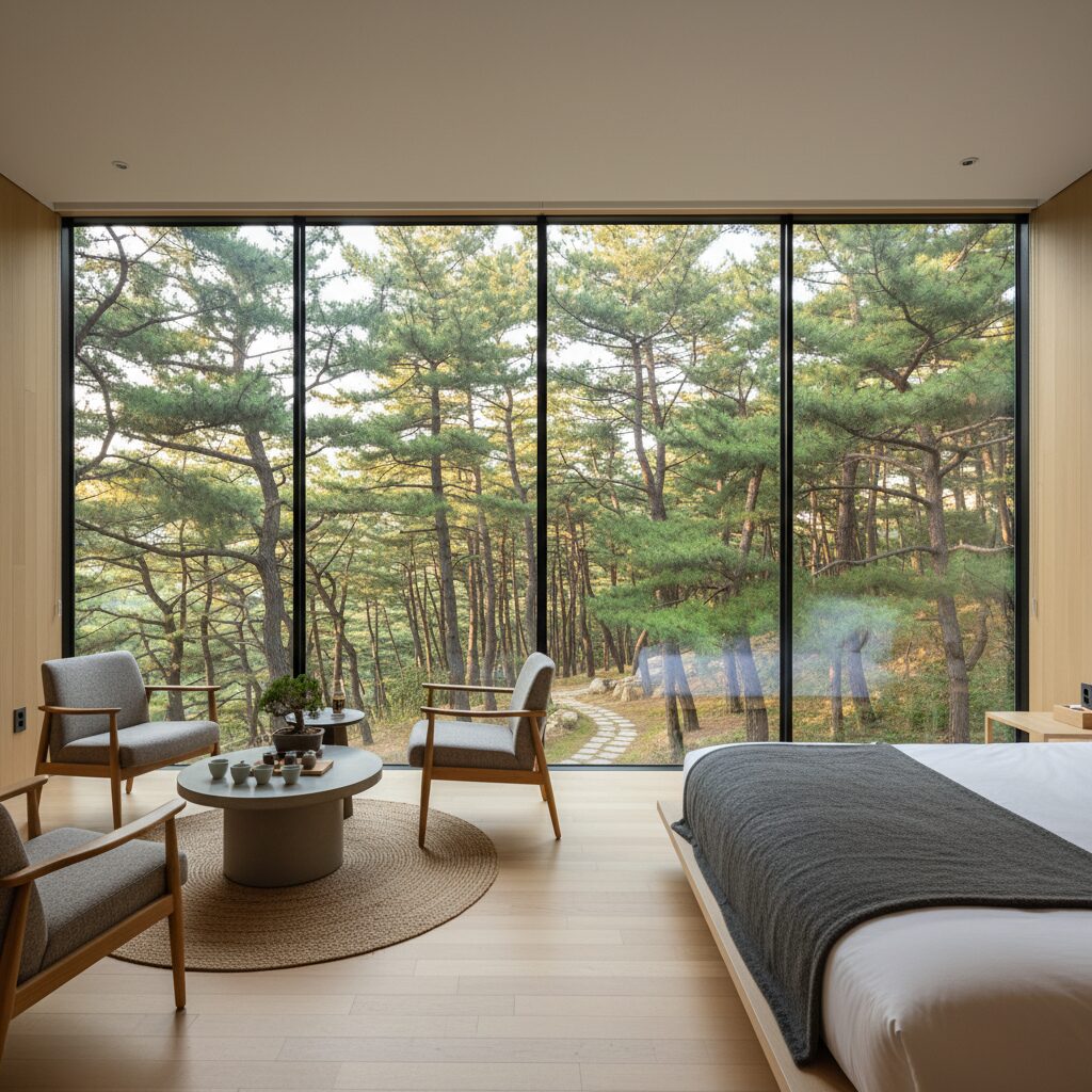 서로재 객실 내부, 모던한 인테리어와 통유리를 통해 보이는 소나무 숲 풍경