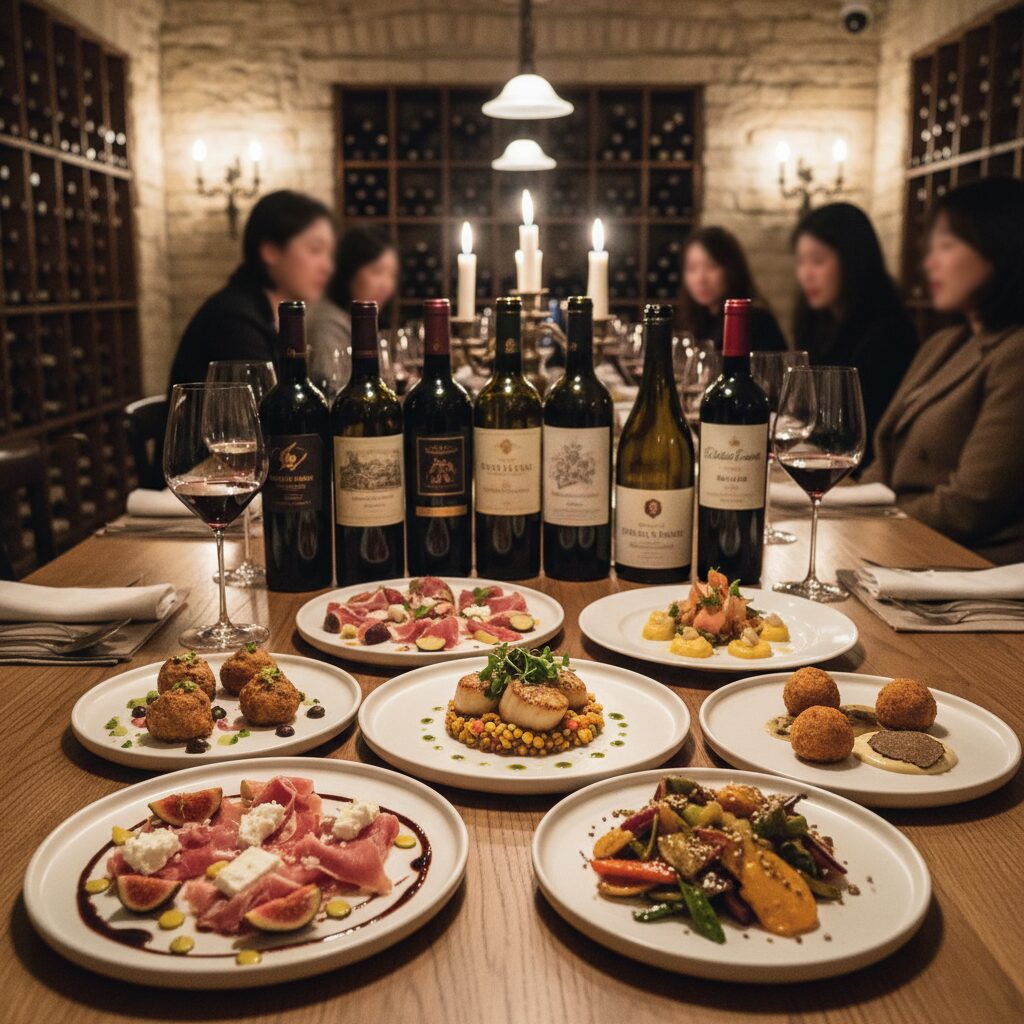 소규모 디너에서 제공되는 여러 가지 와인과 정성껏 플레이팅된 안주 요리들