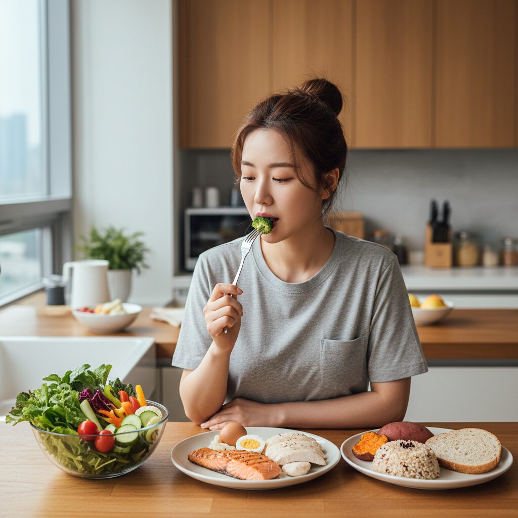 채소, 단백질, 탄수화물 순서로 음식을 먹는 방법을 보여주는 사진