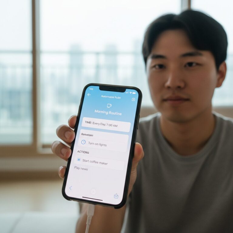 스마트폰 앱에서 단순한 시간 조건 하나만 설정된 자동화 규칙 화면