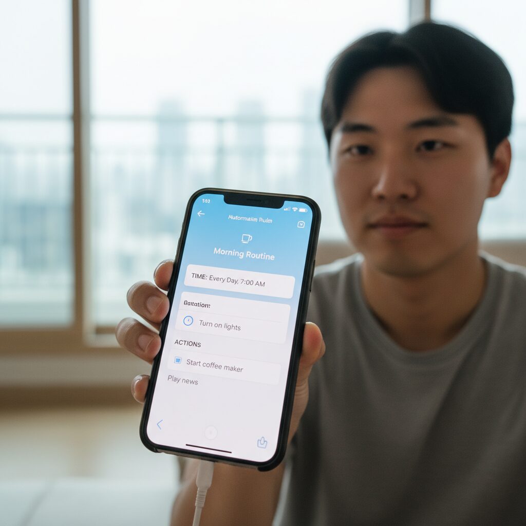 스마트폰 앱에서 단순한 시간 조건 하나만 설정된 자동화 규칙 화면