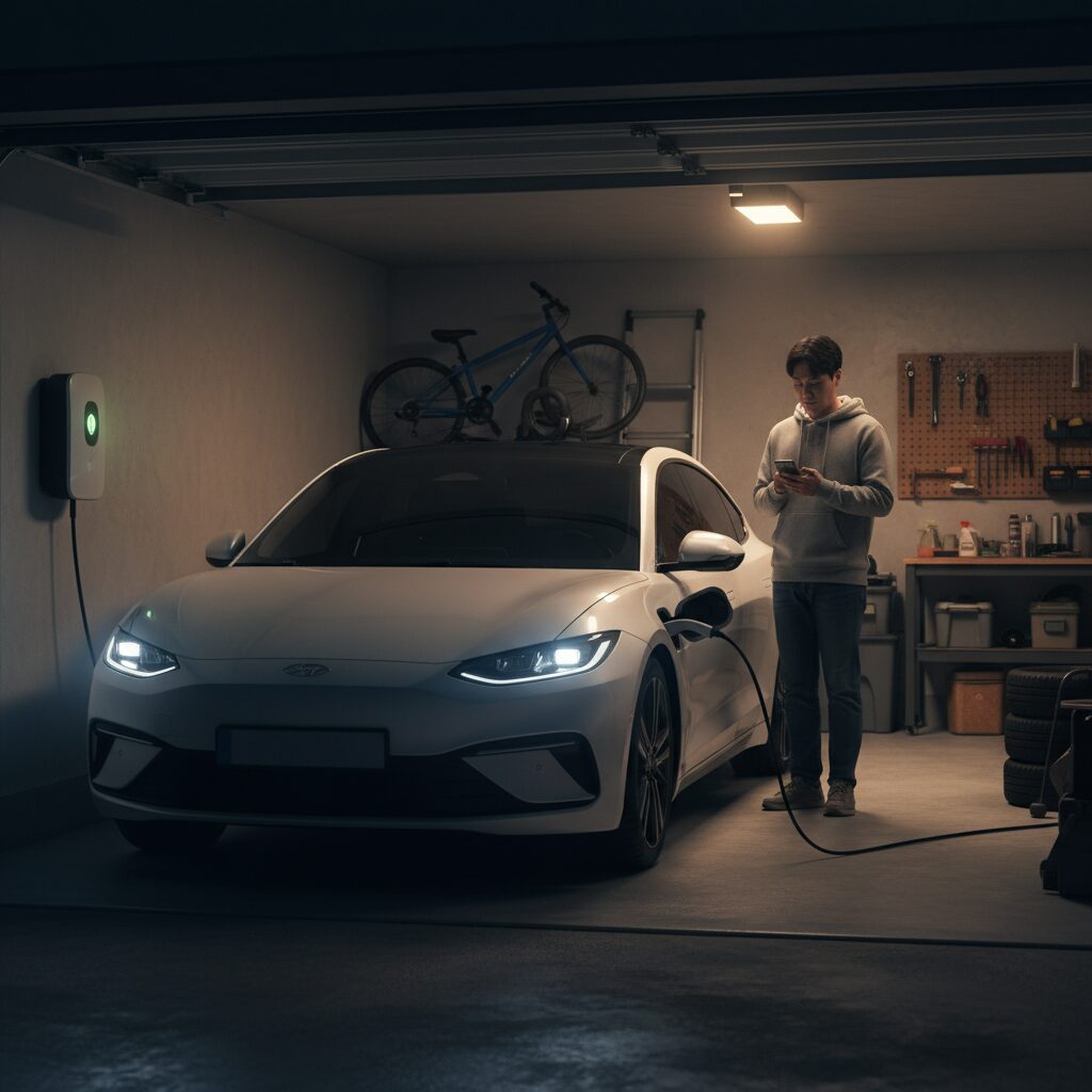 집 차고에서 심야 시간대에 전기차를 충전하고 있는 모습, 조용하고 안정적인 분위기