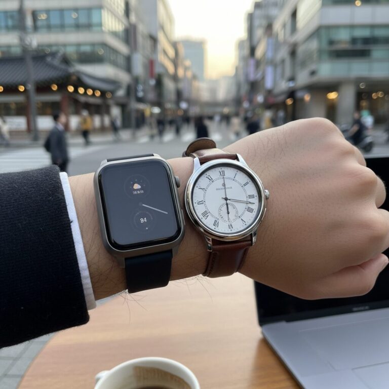 손목에 착용한 서로 다른 두 스마트워치 비교 사진