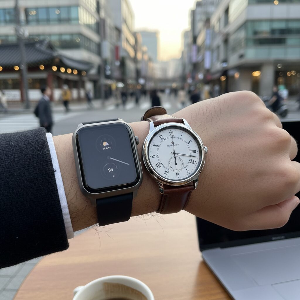 손목에 착용한 서로 다른 두 스마트워치 비교 사진