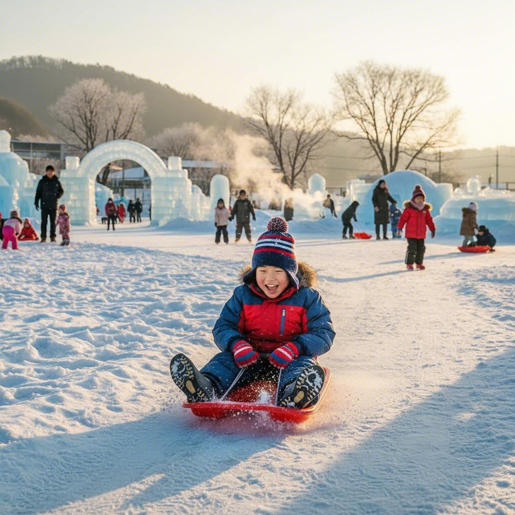 칠갑산 얼음축제에서 아이가 눈썰매를 타고 있는 모습