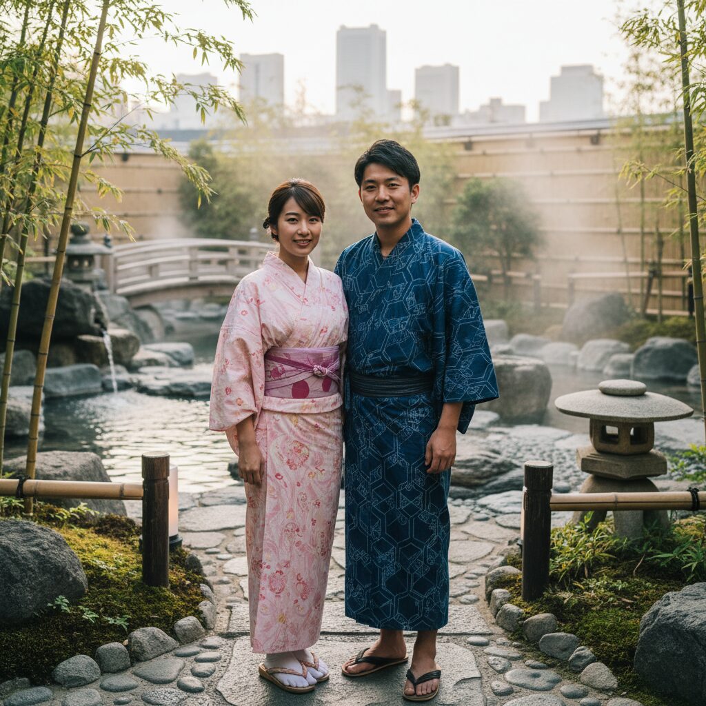 오사카 소라니와 온천에서 유카타를 입고 찍은 사진