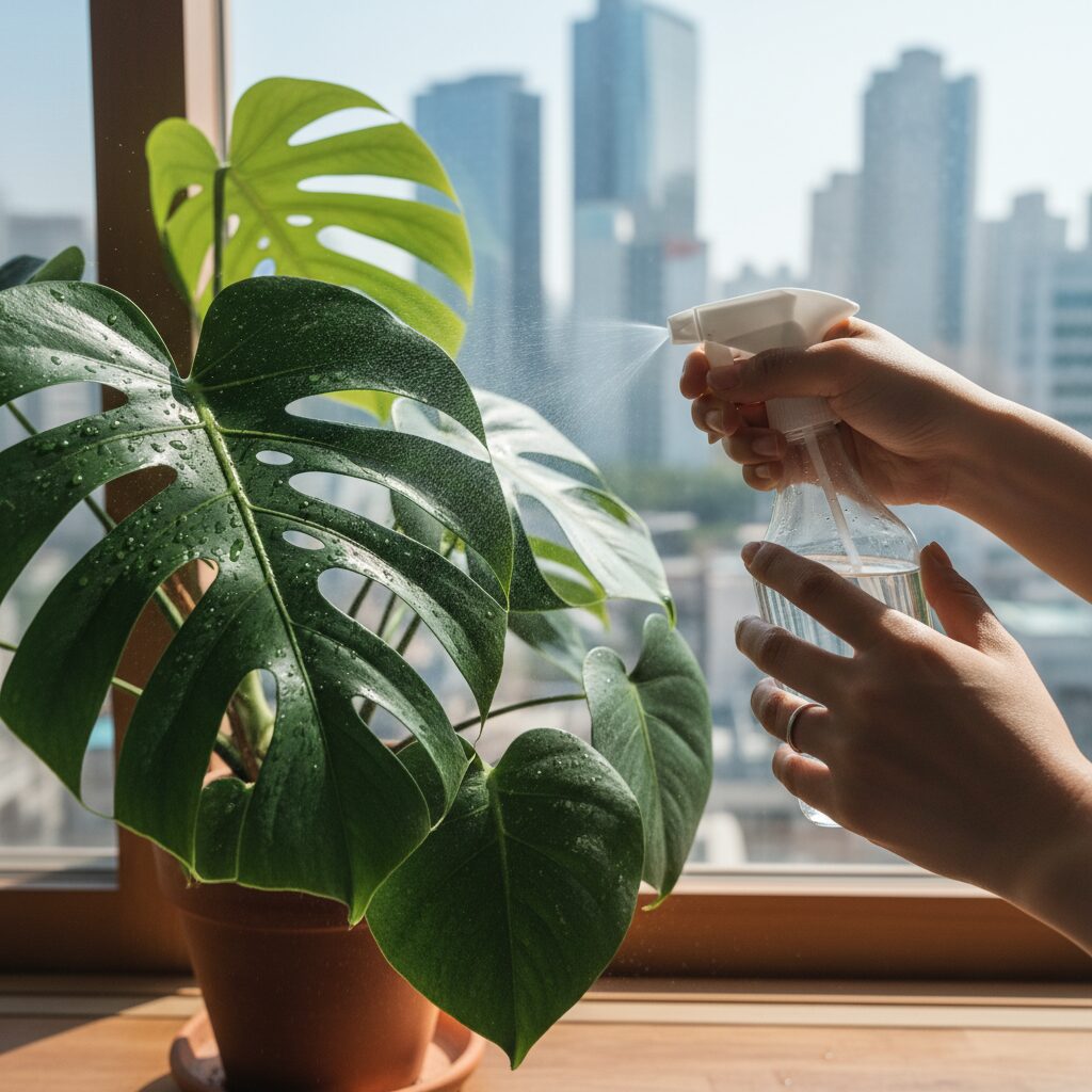 분무기로 몬스테라 잎에 물을 뿌리는 여자의 손