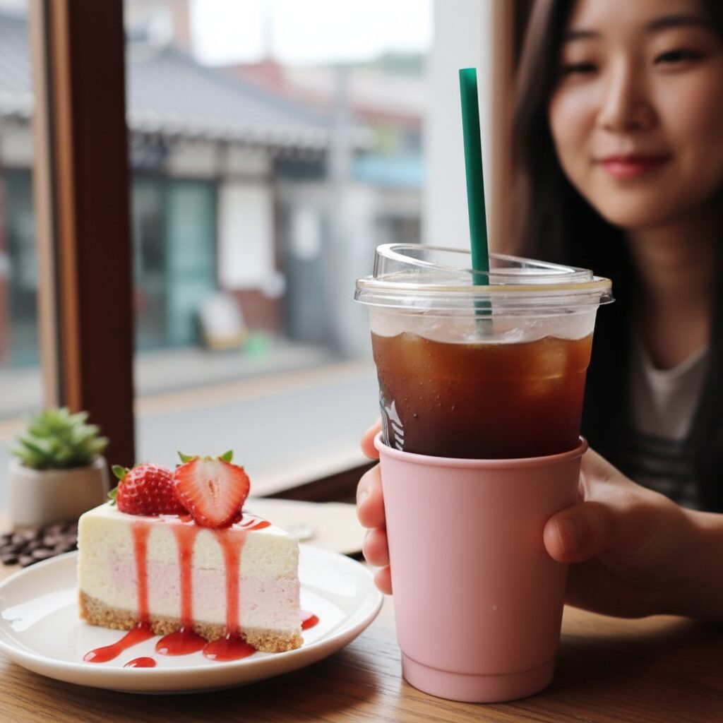스타벅스 핑크 리유저블 컵 이벤트로 받은 커피와 딸기 치즈 케이크