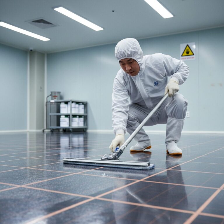 전도성 타일 위에 제전 왁스를 코팅하는 전문 작업 모습