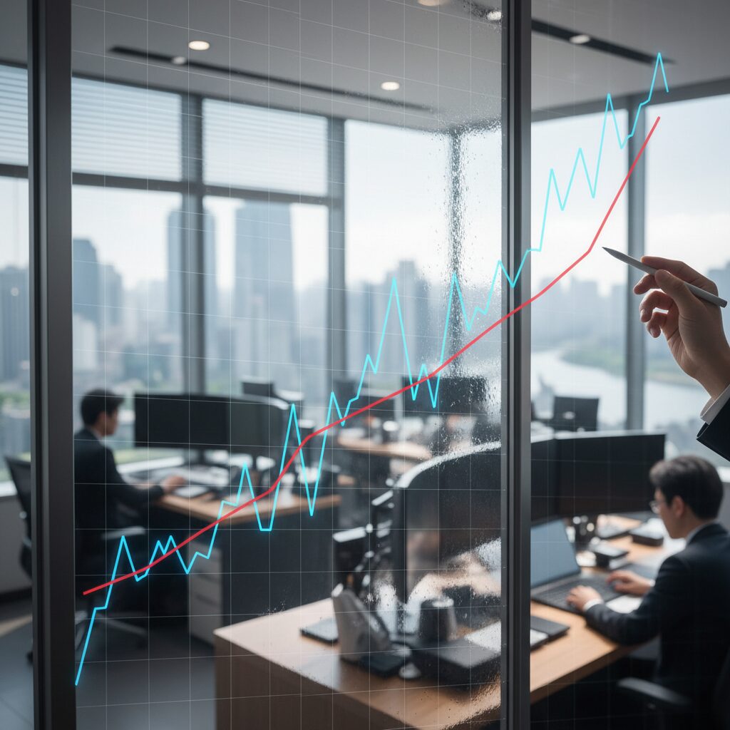 주식 시장 차트와 금리 그래프가 겹쳐진 이미지