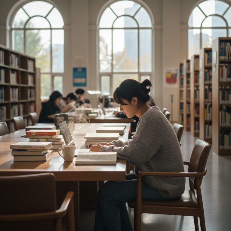 도서관에서 노트북으로 공부하는 대학생