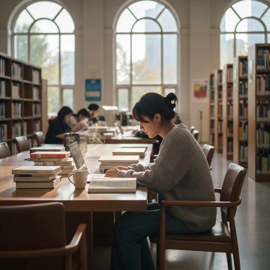도서관에서 노트북으로 공부하는 대학생