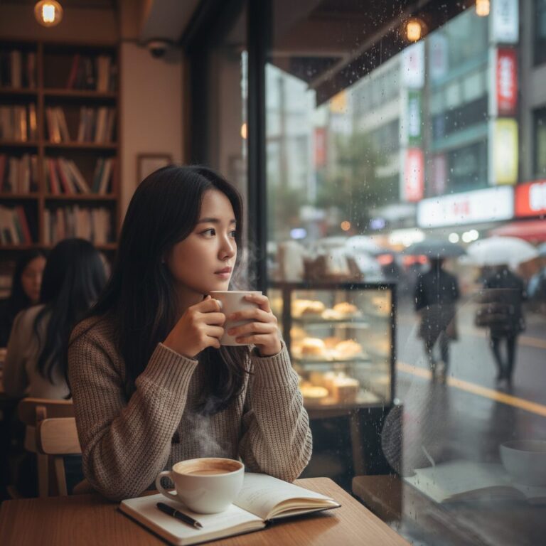 책, 원두, 스낵 등이 담긴 구독 서비스 박스를 열어보며 즐거워하는 모습