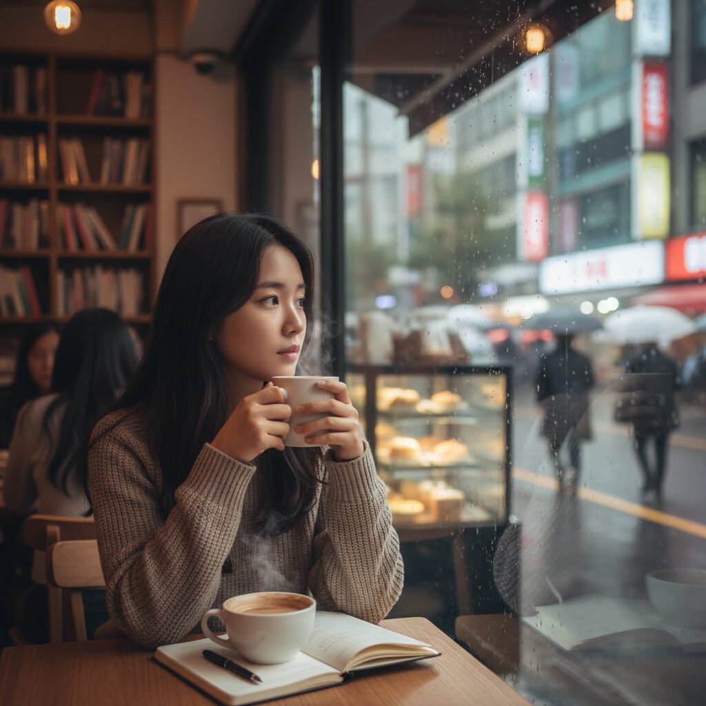 책, 원두, 스낵 등이 담긴 구독 서비스 박스를 열어보며 즐거워하는 모습
