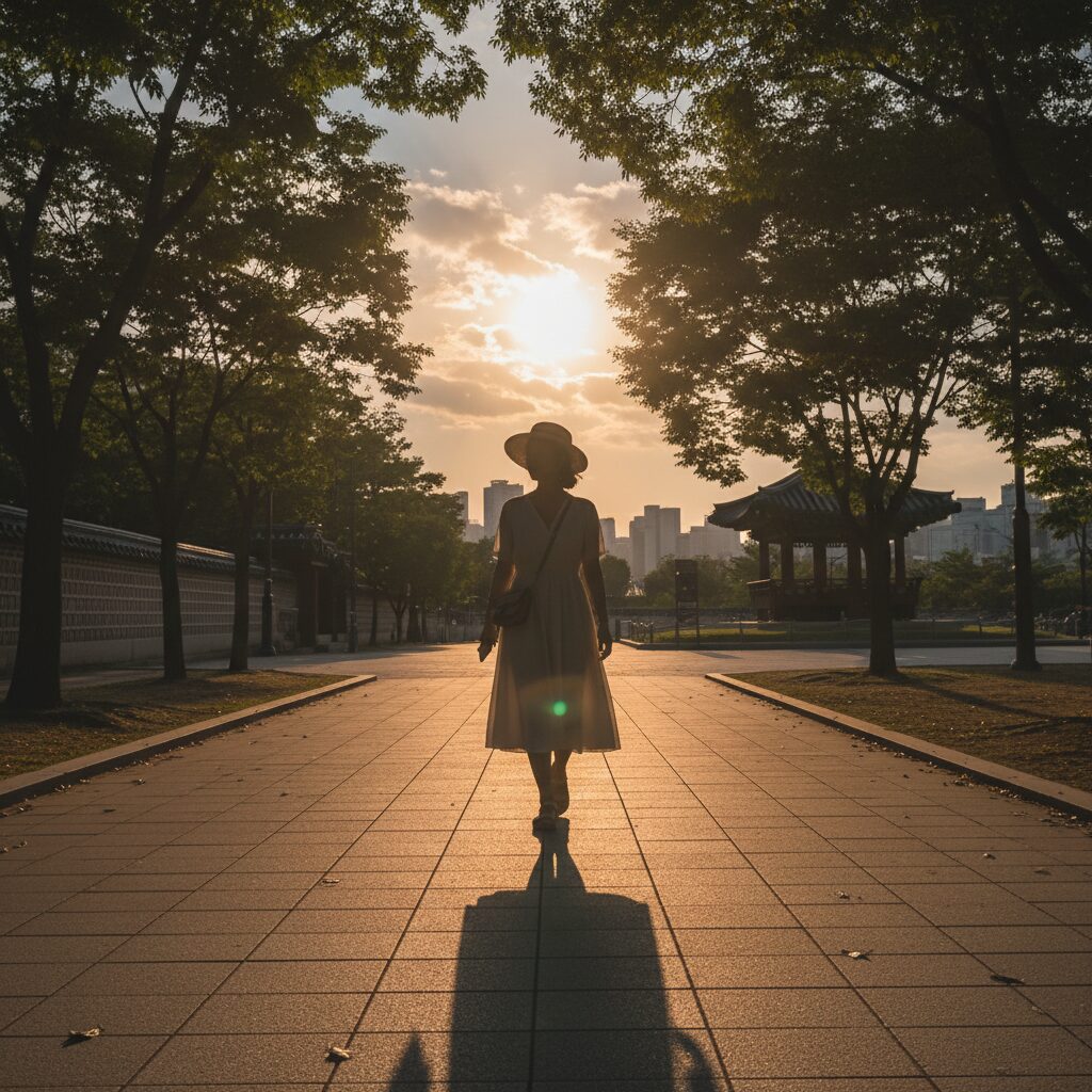 따사로운 햇살 아래서 산책하는 여성의 실루엣