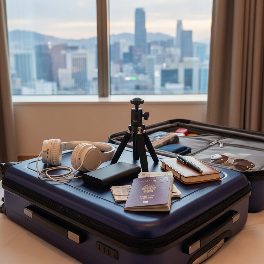 여행 가방 위에 놓인 보조배터리 삼각대 여권 등 필수 준비물