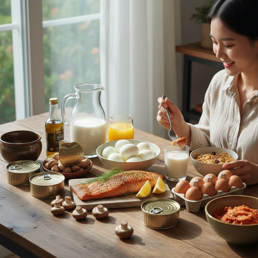 연어 계란 우유 등 비타민D가 풍부한 다양한 식품들