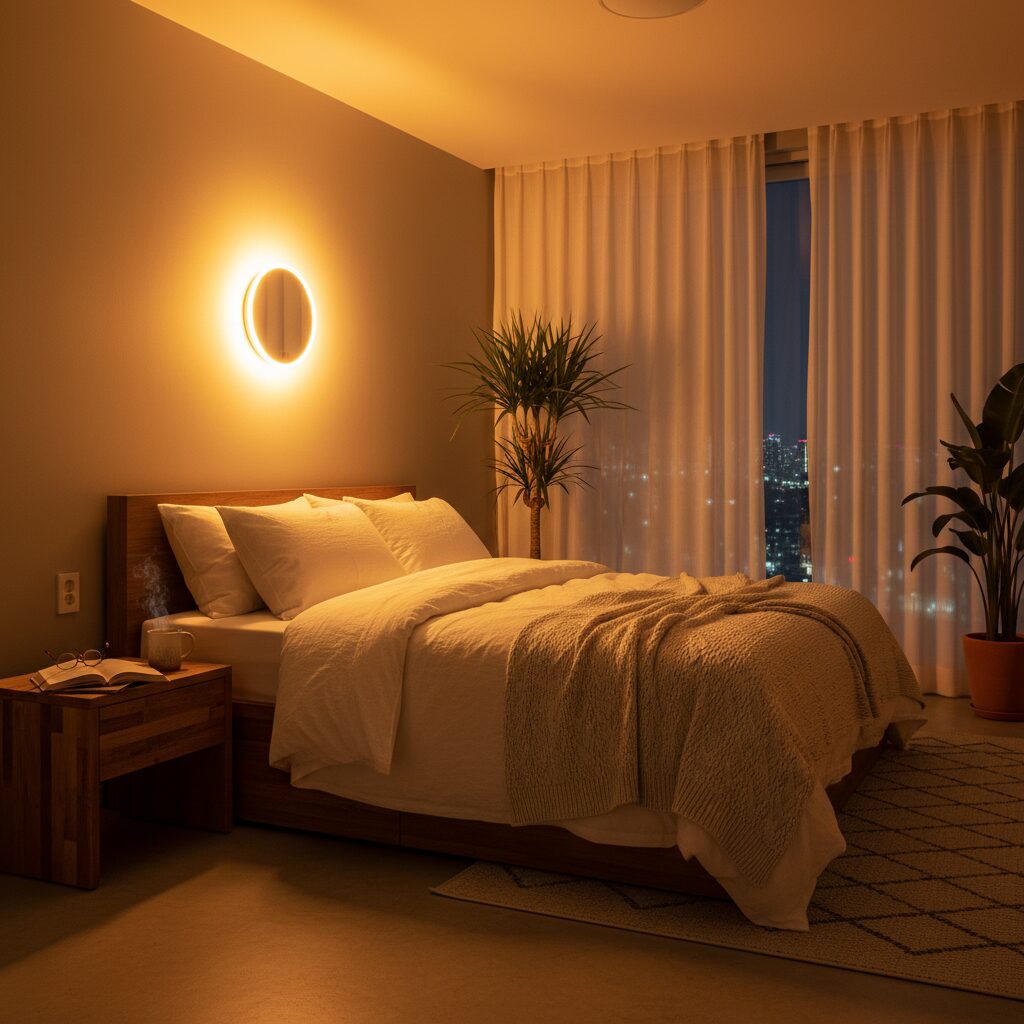 따뜻한 노란빛 무드등이 있는 아는한 침실 인테리어