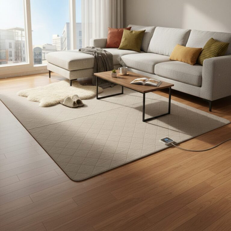 거실 소파 앞에 깔아둔 온열 매트