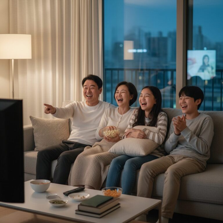 주말 저녁 가족이 함께 소파에 앉아 드라마를 보며 웃고 있는 모습