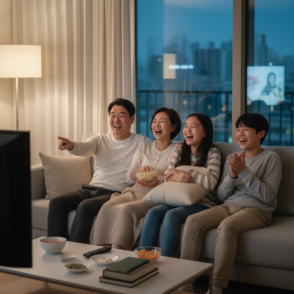 주말 저녁 가족이 함께 소파에 앉아 드라마를 보며 웃고 있는 모습