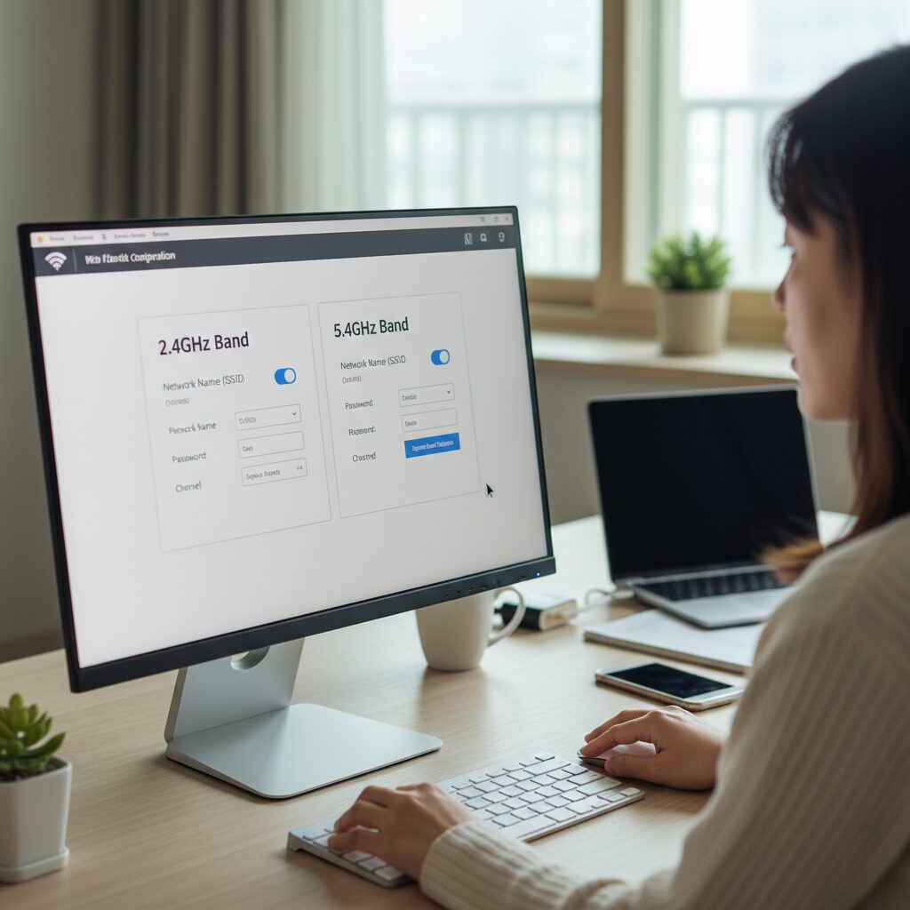 공유기 설정 화면에서 2.4GHz와 5GHz 대역을 분리하는 메뉴를 보여주는 사진