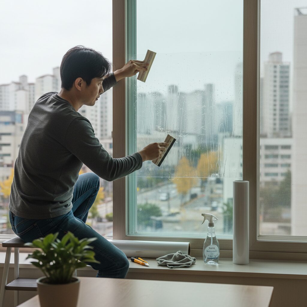 창문에 단열필름을 붙이는 과정