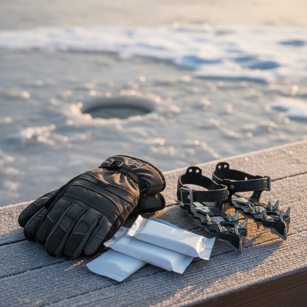 얼음낚시를 위해 준비한 방한 장갑 핫팩 아이젠