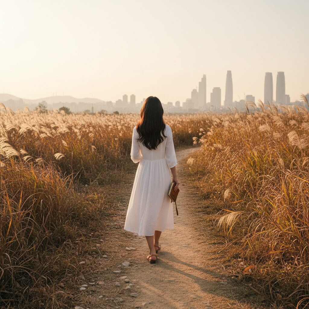 들길을 걸으며 미래를 바라보는 여성의 뒷모습