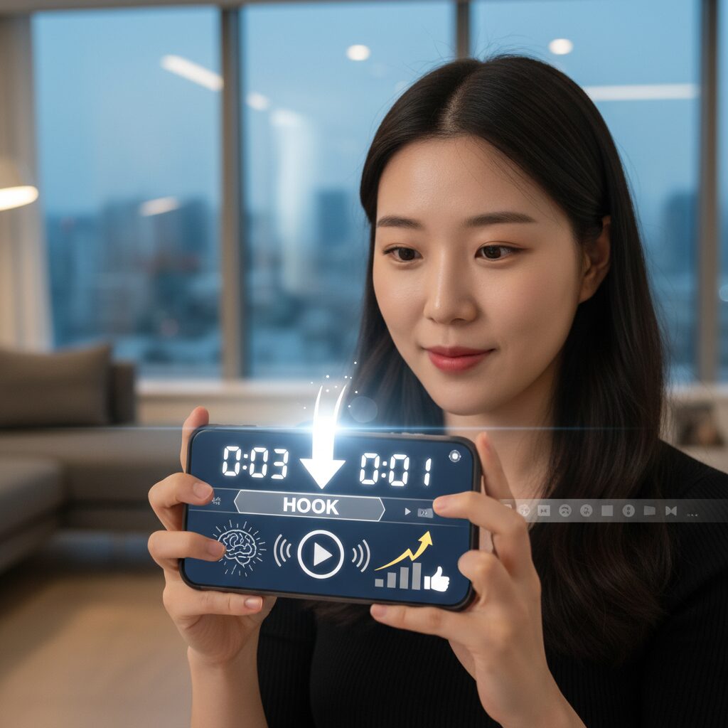 유튜브 쇼츠 초반 3초 후킹의 중요성을 설명하는 그래픽