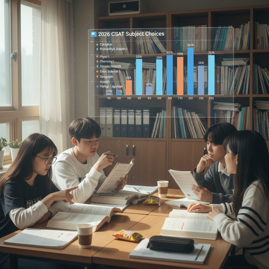 2026 수능 선택과목 그래프와 학생들이 교과서를 보며 공부하는 모습