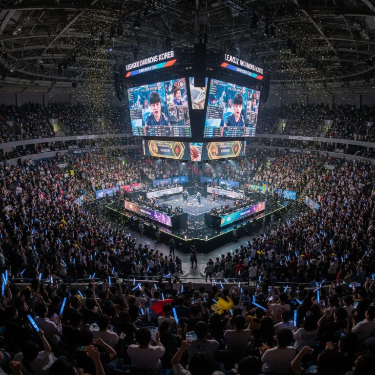 LCK 컵 결승전 경기장 모습과 관중들의 열띤 응원 장면