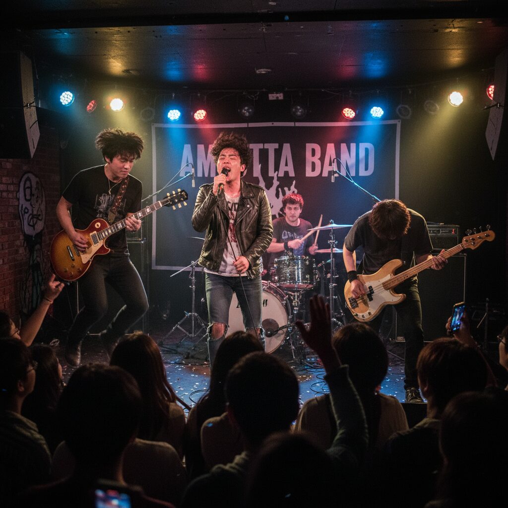 아묻따 밴드가 무대 위에서 열정적으로 공연하는 모습