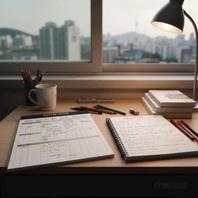 미대 입시를 위한 국어 수학 탐구 공부 계획표와 오답 노트가 놓인 책상