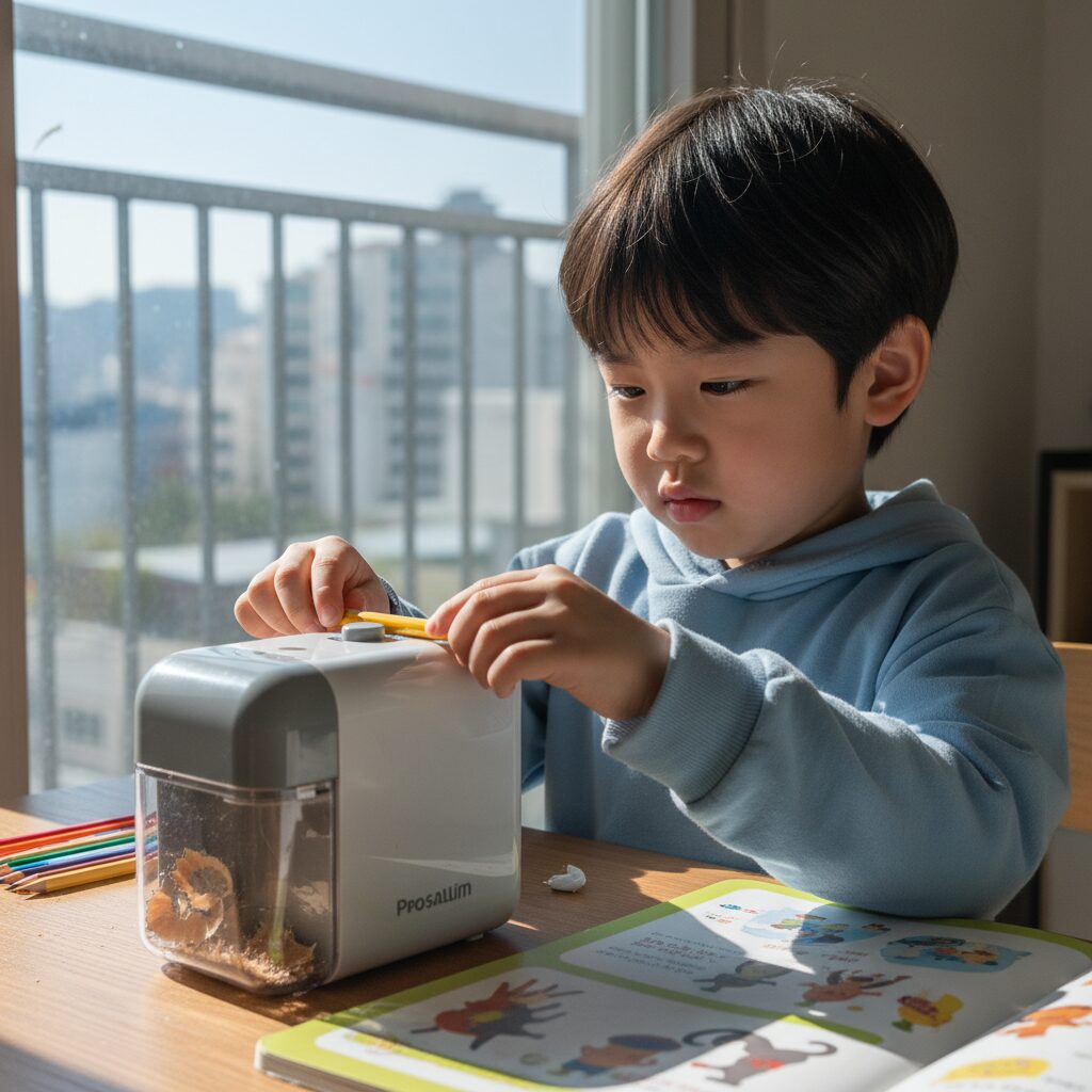 아이가 책상에서 프로살림 전동 연필깎이를 사용하고 있는 모습