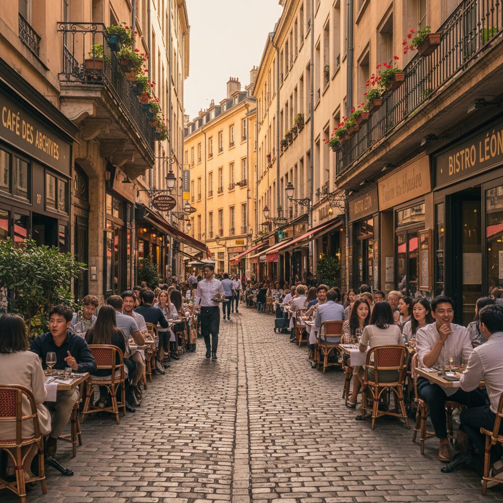 프랑스 리옹 메르시에르 골목의 전경과 거리에 늘어선 식당들