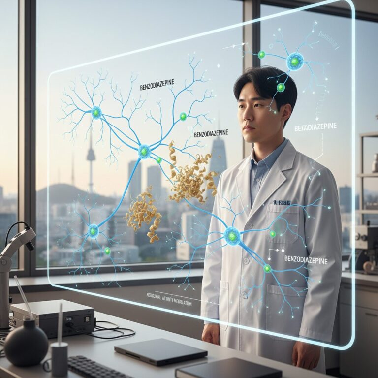 벤조디아제핀 약물이 뇌 신경 세포와 베타 아밀로이드에 미치는 영향을 설명하는 개념도