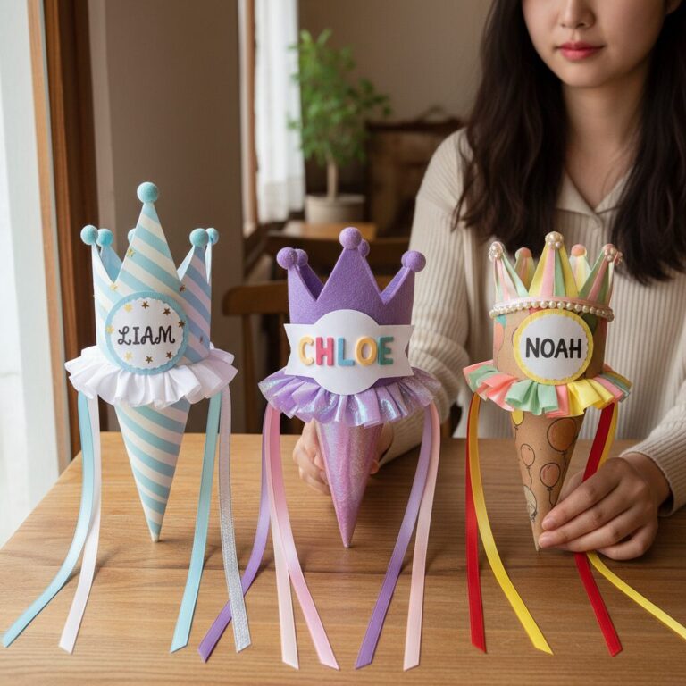 리본 왕관 고깔 모양의 생일 이름표 도안 세 가지 예시