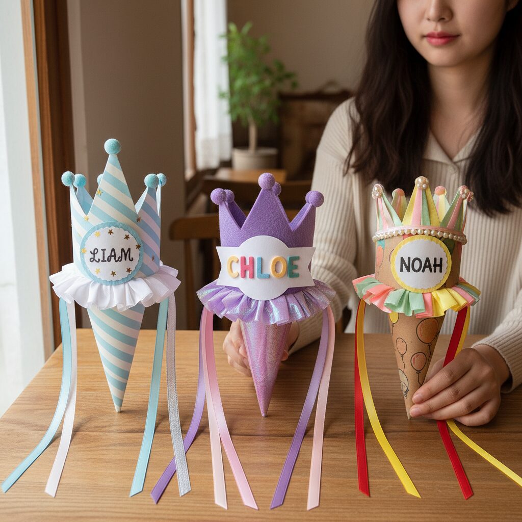 리본 왕관 고깔 모양의 생일 이름표 도안 세 가지 예시