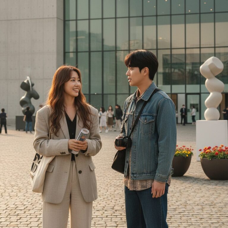 찬란한 너의 계절에 1회에서 하란과 우찬이 전시회장 근처에서 마주치는 장면