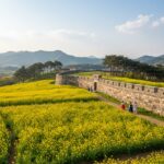 조선 시대 돌담 성벽과 노란 유채꽃밭이 조화를 이루는 별방진의 봄 풍경