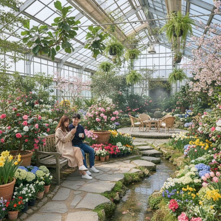 카멜리아힐 유리온실 내부의 다양한 봄꽃과 휴식 공간