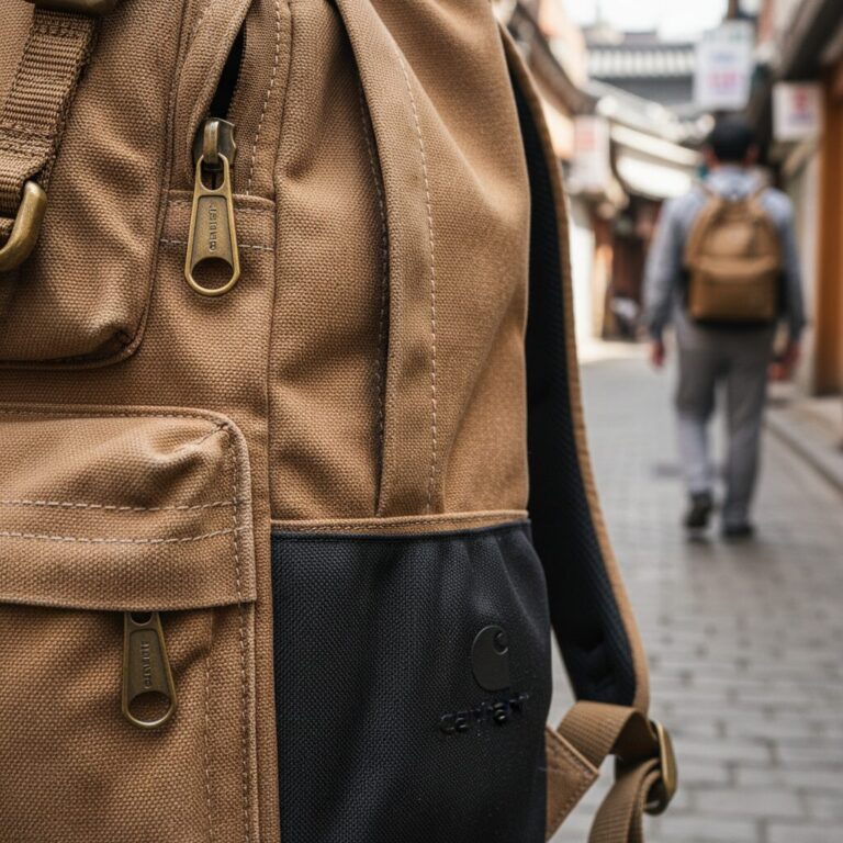 칼하트 백팩의 두꺼운 원단과 단단한 마감 부분을 클로즈업한 사진