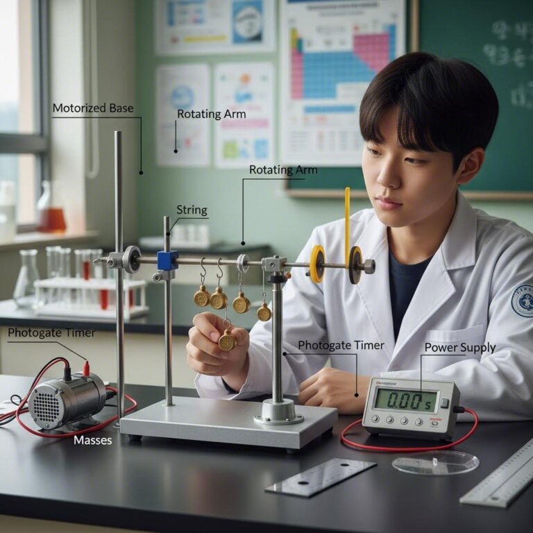 구심력 측정 실험 장치 구성도 실, 추, 전동장치, 회전 막대, 포토게이트 타이머 등이 보임