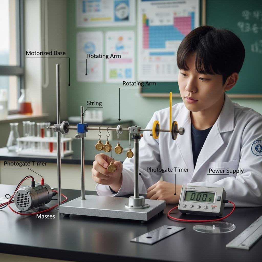 구심력 측정 실험 장치 구성도 실, 추, 전동장치, 회전 막대, 포토게이트 타이머 등이 보임