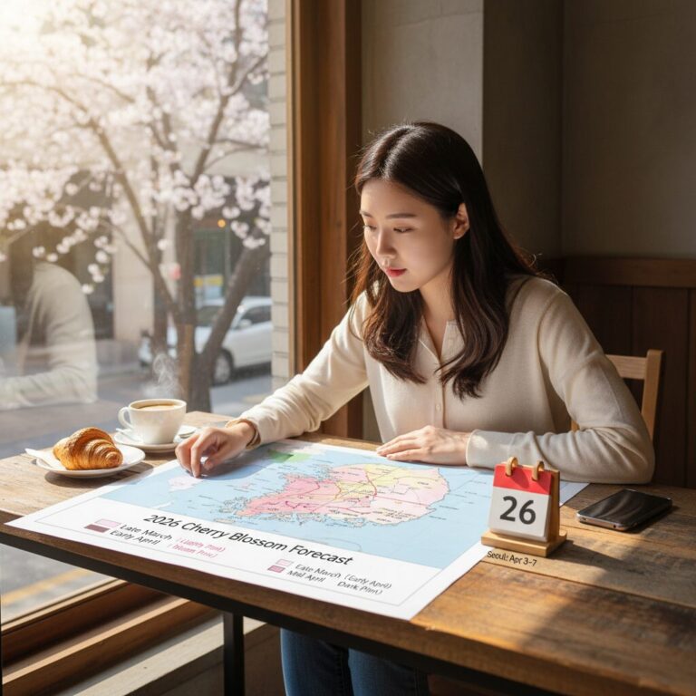 2026년 벚꽃 예상 시기를 나타낸 한국 지도와 달력 아이콘