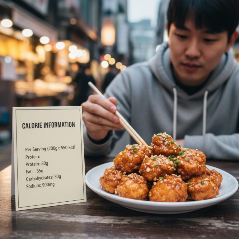 접시에 담긴 바삭해 보이는 닭강정과 함께 칼로리 정보가 적힌 카드